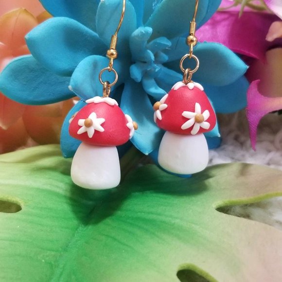 Artisan Earrings. Mushrooms with Flowers. Red & White. Pierced. - Picture 2 of 4